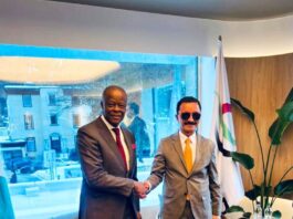 L-R 1. Honourable Minister of Finance and Coordinating Minister of the Economy Mr Wale Edun *OFR* 2. His Excellency Sultan Ahmed Bin Sulayem, Group Chairman and CEO of DP World, after the meeting in Davos