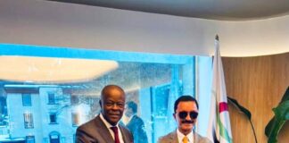 L-R 1. Honourable Minister of Finance and Coordinating Minister of the Economy Mr Wale Edun *OFR* 2. His Excellency Sultan Ahmed Bin Sulayem, Group Chairman and CEO of DP World, after the meeting in Davos