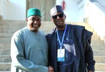 National Sports Commission (NSC) Chairman, Mallam Shehu Dikko with the President of the Republic of Gambia, His Excellency Mr. Adama Barrow during a visit to the President's Office after the Interregional African Ministerial Meeting in Banjul.