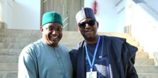 National Sports Commission (NSC) Chairman, Mallam Shehu Dikko with the President of the Republic of Gambia, His Excellency Mr. Adama Barrow during a visit to the President's Office after the Interregional African Ministerial Meeting in Banjul.