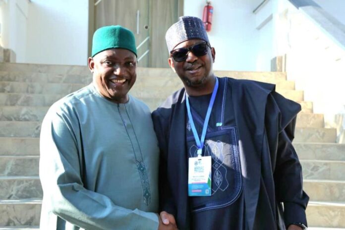 National Sports Commission (NSC) Chairman, Mallam Shehu Dikko with the President of the Republic of Gambia, His Excellency Mr. Adama Barrow during a visit to the President's Office after the Interregional African Ministerial Meeting in Banjul.