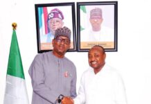 NSC Chairman Mallam Shehu Dikko in a warm handshake with Professional Footballers Association of Nigeria (PFAN) President Tijani Babangida.