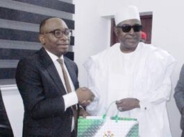 L-R: Director-General, Bureau of Public Procurement, BPP, Dr. Adebowale A. Adedokun, MCIPS presenting a souvenir to the Chairman. National Drug Law Enforcement Agency, NDLEA, Brig-General, Buba Marwa, Rtd during the NDLEA visit to BPP