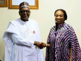 The Hon. Min. of Trade and Investment, FMITI, Dr. Jumoke Oduwole and the Hon. Min. of Health and Social Welfare, Dr. Muhammad Ali Pate, during a work visit by the Health Minister to the Ministry of Industry Trade and Investment on Tuesday 14/01/25 .