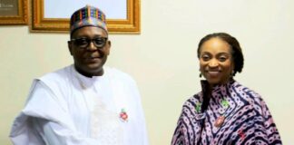 The Hon. Min. of Trade and Investment, FMITI, Dr. Jumoke Oduwole and the Hon. Min. of Health and Social Welfare, Dr. Muhammad Ali Pate, during a work visit by the Health Minister to the Ministry of Industry Trade and Investment on Tuesday 14/01/25 .