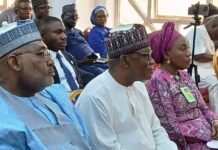 The Honourable Minister Federal Ministry of Regional Development Engr. Abubakar Momoh flanked by Minister of State Honourable Uba Maigari Ahmadu (right) and the Permanent Secretary of the Ministry Tinuke Watti (left) during the 2025 budget defence.