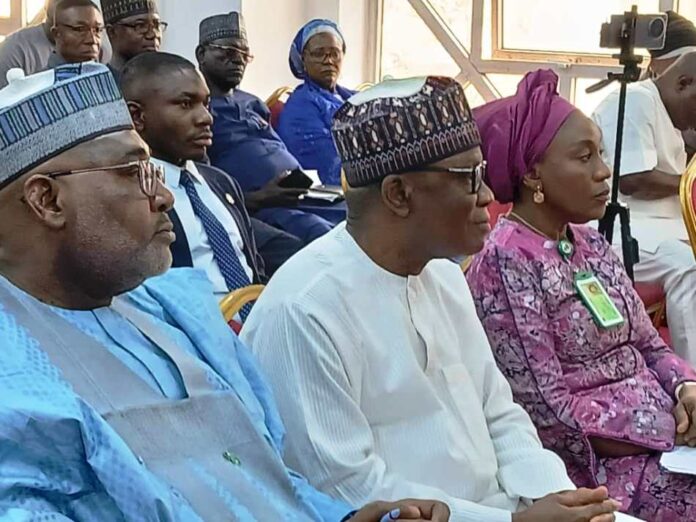 The Honourable Minister Federal Ministry of Regional Development Engr. Abubakar Momoh flanked by Minister of State Honourable Uba Maigari Ahmadu (right) and the Permanent Secretary of the Ministry Tinuke Watti (left) during the 2025 budget defence.