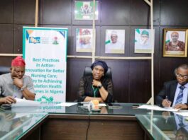 The Federal Ministry of Health & Social Welfare Launched the Best Practise Spotlight Organization For the Nursing Profession. Delivering keynote address on behalf of the Permanent Secretary, Pharmacist Olubunmi Aribeana Director Food & Drugs Department of the Ministry. She was ably supported by Dr. Okpiko Okpako, Director Regulatory & Professional Schools unit of Hospital Services Department of the Ministry, who represented the Director (on her Left).