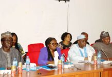 Minister of Labour and Employment, Dr Mohammad Maigari Dingyadi (2nd right); Director, Overseeing the Office of the Permanent Secretary, Laureta Adogu (2nd left); Director, Finance and Accounts, Bala Sale (left); DG, NDE, Silas Agara (right), during the Ministry's 2025 budget defence at the Senate, Abuja