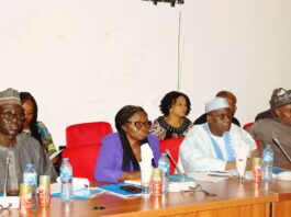 Minister of Labour and Employment, Dr Mohammad Maigari Dingyadi (2nd right); Director, Overseeing the Office of the Permanent Secretary, Laureta Adogu (2nd left); Director, Finance and Accounts, Bala Sale (left); DG, NDE, Silas Agara (right), during the Ministry's 2025 budget defence at the Senate, Abuja