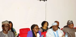 Minister of Labour and Employment, Dr Mohammad Maigari Dingyadi (2nd right); Director, Overseeing the Office of the Permanent Secretary, Laureta Adogu (2nd left); Director, Finance and Accounts, Bala Sale (left); DG, NDE, Silas Agara (right), during the Ministry's 2025 budget defence at the Senate, Abuja