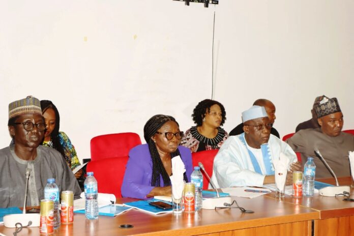 Minister of Labour and Employment, Dr Mohammad Maigari Dingyadi (2nd right); Director, Overseeing the Office of the Permanent Secretary, Laureta Adogu (2nd left); Director, Finance and Accounts, Bala Sale (left); DG, NDE, Silas Agara (right), during the Ministry's 2025 budget defence at the Senate, Abuja