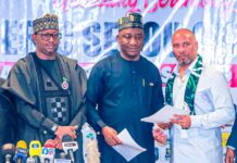 (L-r) NSC Chairman Mallam Shehu Dikko, NFF President Alhaji Ibrahim Gusau and Super Eagles chief coach Eric Sekou Chelle at Chelle's unveiling as Eagle's helmsman on Monday.