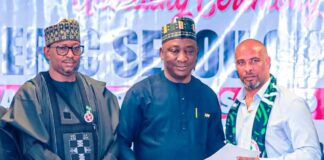 (L-r) NSC Chairman Mallam Shehu Dikko, NFF President Alhaji Ibrahim Gusau and Super Eagles chief coach Eric Sekou Chelle at Chelle's unveiling as Eagle's helmsman on Monday.