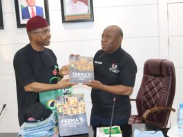 L-R, Managing Director/CEO, FERMA, Dr. Emeka Agbasi, FNSE, presenting one of FERMA’s publications (FERMA’s Firm Footprints) to the Perm. Sec. Federal Ministry of Works, Engr. Adebiyi Olusesan Olufunso, during the Perm. Sec’s interactive session with the MD/CEO, Directors and Heads of Units of the FERMA on Thursday 16th January, 2025