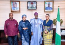 FROM LEFT TO RIGHT 1. Leonardo Simão, UN Special Representative 2. Amina Mohammed, United Nations Deputy Secretary-General (DSG) 3. Wale Edun, Honourable Minister of Finance and Coordinating Minister of the Economy 4. Minister of State for Finance, Dr. Doris Uzoka-Anite