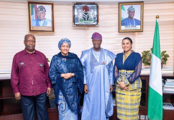 FROM LEFT TO RIGHT 1. Leonardo Simão, UN Special Representative 2. Amina Mohammed, United Nations Deputy Secretary-General (DSG) 3. Wale Edun, Honourable Minister of Finance and Coordinating Minister of the Economy 4. Minister of State for Finance, Dr. Doris Uzoka-Anite