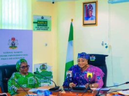 Honourable Minister of Women Affairs, Hajiya Imaan Sulaiman-Ibrahim with the Acting National President, National Council of Women Societies (NCWS), Mrs Geraldine Ita Etuk when she led a delegation from the body on a courtesy visit to the Ministry's Hqtrs in Abuja