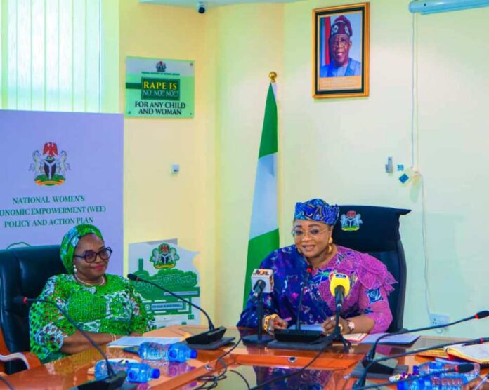 Honourable Minister of Women Affairs, Hajiya Imaan Sulaiman-Ibrahim with the Acting National President, National Council of Women Societies (NCWS), Mrs Geraldine Ita Etuk when she led a delegation from the body on a courtesy visit to the Ministry's Hqtrs in Abuja