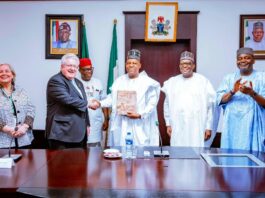 Vice President Kashim Shettima (middle) in a handshake with Chair of Trustees of Rotary Foundation of Rotary International, Mark Daniel Maloney; and Chairman of the Sir Emeka Offor Foundation (SEOF), Emeka Offor; Coordinating Minister of Health and Social Welfare, Prof Muhammad Ali Pate(2nd from left); Deputy Chief of Staff to the President (Office of the Vice President), Sen. Ibrahim Hassan Hadejia (far left) and wife of Chair of Trustees of Rotary Foundation of Rotary International, Gay Maloney (far right) during a courtesy visit to the Vice President at the Presidential Villa, Abuja, on Friday, 17/01/2025.