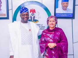 Left, Honourable Minister, Federal Ministry of Humanitarian Affairs and Poverty Reduction, Professor Nentawe Goshwe Yilwatda and the Deputy-Secretary of United States, Ms Amina J. Mohammed, GCON, during her courtesy visit to the Minister on Friday 10th January, 2025 in the Minister's office Federal Secretariat Phase1, Abuja. Nigeria.