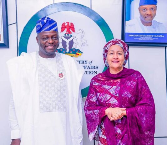 Left, Honourable Minister, Federal Ministry of Humanitarian Affairs and Poverty Reduction, Professor Nentawe Goshwe Yilwatda and the Deputy-Secretary of United States, Ms Amina J. Mohammed, GCON, during her courtesy visit to the Minister on Friday 10th January, 2025 in the Minister's office Federal Secretariat Phase1, Abuja. Nigeria.