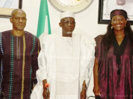 Minister of Labour and Employment, Muhammad Maigari Dingyadi (middle); John Nyamali (left); Country Director, International Labour Organisation (ILO), Vanessa Phala (right), during the visit of the ILO team to the Minister, Abuja