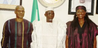 Minister of Labour and Employment, Muhammad Maigari Dingyadi (middle); John Nyamali (left); Country Director, International Labour Organisation (ILO), Vanessa Phala (right), during the visit of the ILO team to the Minister, Abuja