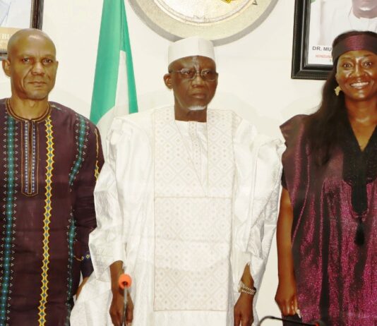 Minister of Labour and Employment, Muhammad Maigari Dingyadi (middle); John Nyamali (left); Country Director, International Labour Organisation (ILO), Vanessa Phala (right), during the visit of the ILO team to the Minister, Abuja
