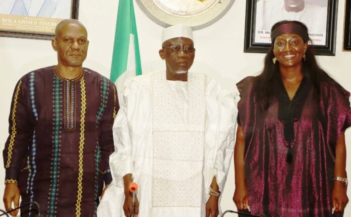 Minister of Labour and Employment, Muhammad Maigari Dingyadi (middle); John Nyamali (left); Country Director, International Labour Organisation (ILO), Vanessa Phala (right), during the visit of the ILO team to the Minister, Abuja