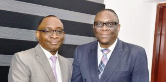 L-R; Director-General, Bureau of Public Procurement, BPP, Dr. Adebowale A. Adedokun, MCIPS, ACFE in a warm handshake with Regional Procurement Coordinator African Development Bank, AfDB, Mr. Kelvin Lumbila, during his visit to the BPP today, 17th February, 2025