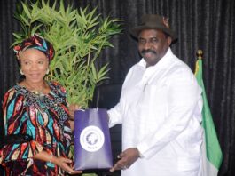 The National Coordinator CEO SERVICOM PRESIDENCY Office, Mrs Nnenna Akajemili and the Ag. Director General Nigerian Civil Aviation Authority , Captain Chris Najomo during the presentation of Awards at NCAA office