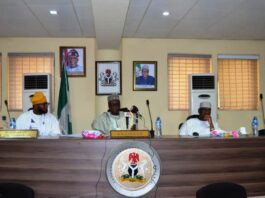 R-L: Secretary to the Government of the Federation, Sen. George Akume CON; RMAFC Chairman, Dr. M. B. Shehu OFR; Secretary to the Commission, Engr. Joseph Okechukwu Nwaze