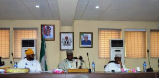 R-L: Secretary to the Government of the Federation, Sen. George Akume CON; RMAFC Chairman, Dr. M. B. Shehu OFR; Secretary to the Commission, Engr. Joseph Okechukwu Nwaze