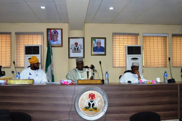 R-L: Secretary to the Government of the Federation, Sen. George Akume CON; RMAFC Chairman, Dr. M. B. Shehu OFR; Secretary to the Commission, Engr. Joseph Okechukwu Nwaze