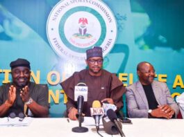 The Chairman, National Sports Commission, Mallam Shehu Dikko flanked to his right by the Director General, Hon. Bukola Olopade and to his left by Special Assistant to the President on media and communication, Sunday Dare, during the inauguration of Elite Athletes Development and Podium Board at the media centre, MKO Abiola Stadium, Abuja on Friday, 31st January 2025.