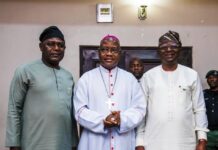 The Honourable Minister of Water Resources and Sanitation, Engr. Prof. Joseph Terlumun Utsev (R), accompanied by the Permanent Secretary, Mr. Richard Pheelangwah (L), paid a working visit to His Grace, Archbishop Dr. Ignatius Kaigama, the Archbishop of the Abuja Catholic Archdiocese (M), today in Abuja. The visit highlighted the role of religious institutions in advancing national development and public health through the promotion of the Open Defecation Free Nigeria Campaign.