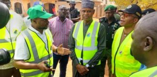 L-R, FRME Nasarawa State, Engr. Aliyu Mohammed, briefing the Hon. Minister of State for Works, Muhammad Bello Goronyo, Esq., (m), and the Managing Director/CEO, FERMA, Dr. Emeka Agbasi, FNSE (r) during the Hon. Minister’s inspection of FERMA road projects in Nasarawa State today Tuesday 18th February, 2025