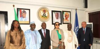 Minister of Labour and Employment, Muhammad Maigari Dingyadi (2nd right); Minister of State for Labour and Employment, Nkeiruka Onyejeocha (3rd right); Permanent Secretary, Labour and Employment, Salihu A. Usman (2nd right); Director-General, ILO, Gilbert F. Houngbo (3rd left); Country Director, ILO, Vanessa Phala (left) during the ILO Director-General's visit to the Minister - Abuja