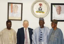 Minister of Labour and Employment, Dr Muhammad Maigari Dingyadi (2nd right); Permanent Secretary, Labour and Employment, Dr Salihu A. Usman (left); former Minister of Information and Culture, Alhaji Lai Mohammed (right); Dr. Matthias Leder, President, IHK Giessen-Friedberg Chamber of Commerce and Industry, Germany, during the Chamber's courtesy visit to the Minister in Abuja