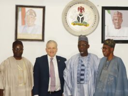 Minister of Labour and Employment, Dr Muhammad Maigari Dingyadi (2nd right); Permanent Secretary, Labour and Employment, Dr Salihu A. Usman (left); former Minister of Information and Culture, Alhaji Lai Mohammed (right); Dr. Matthias Leder, President, IHK Giessen-Friedberg Chamber of Commerce and Industry, Germany, during the Chamber's courtesy visit to the Minister in Abuja