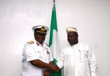 *Pix : Surveyor General of the Federation Surv. Abuduganiyu Adeyemi Adebomehin in a handshake with the Hydrographer of the Federation Rear Admiral Ayo Olugbode during his visit to OSGOF office today 11/02/2025*