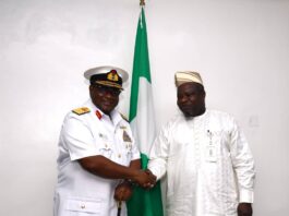 *Pix : Surveyor General of the Federation Surv. Abuduganiyu Adeyemi Adebomehin in a handshake with the Hydrographer of the Federation Rear Admiral Ayo Olugbode during his visit to OSGOF office today 11/02/2025*