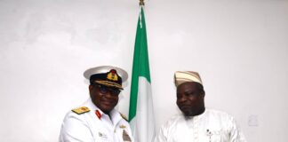 *Pix : Surveyor General of the Federation Surv. Abuduganiyu Adeyemi Adebomehin in a handshake with the Hydrographer of the Federation Rear Admiral Ayo Olugbode during his visit to OSGOF office today 11/02/2025*