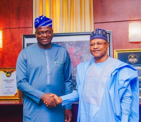Left, Honourable Minister of Humanitarian Affairs and Poverty Reduction Professor Nentawe Goshwe Yilwatda and the Executive Governor of Kaduna State, Senator Uba Sani during a follow up visit to the Governor in his office in Kaduna on Saturday 15th February 2025, on the status of the freed minors handed over to the State in 2024
