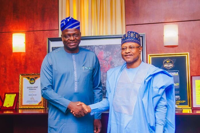 Left, Honourable Minister of Humanitarian Affairs and Poverty Reduction Professor Nentawe Goshwe Yilwatda and the Executive Governor of Kaduna State, Senator Uba Sani during a follow up visit to the Governor in his office in Kaduna on Saturday 15th February 2025, on the status of the freed minors handed over to the State in 2024