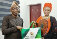 L:R: Director-General, Bureau of Public Procurement, BPP, Dr. Adebowale A. Adedokun, MCIPS, ACFE presenting a souvenir to the National Coordinator, Open Government Partnership, Dr. Gloria Ahmed  during her visit to BPP today, 19th February, 2025