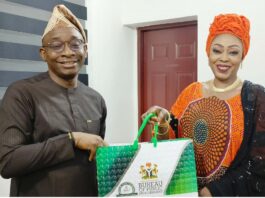 L:R: Director-General, Bureau of Public Procurement, BPP, Dr. Adebowale A. Adedokun, MCIPS, ACFE presenting a souvenir to the National Coordinator, Open Government Partnership, Dr. Gloria Ahmed  during her visit to BPP today, 19th February, 2025