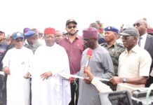 L-R the Deputy governor of Kogi State, Salifu Joel, the Hon. Minister of Works Engr. Nweze David Umahi, the Executive Governor of Edo State Monday Okpebholo and Senator Adams Oshiomhole during the official flag-off of Benin-Ekpoma-Auchi-Okpella-Okene-Lokoja Road section II-IV in Edo State. Date: 19th February, 2025. 