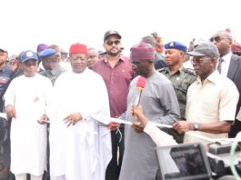 L-R the Deputy governor of Kogi State, Salifu Joel, the Hon. Minister of Works Engr. Nweze David Umahi, the Executive Governor of Edo State Monday Okpebholo and Senator Adams Oshiomhole during the official flag-off of Benin-Ekpoma-Auchi-Okpella-Okene-Lokoja Road section II-IV in Edo State. Date: 19th February, 2025. 